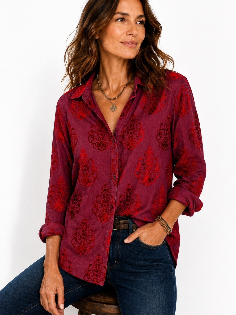 Sundance Burgundy Red Flocked Damask Cotton Button Front Boho Shirt M